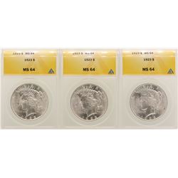 Lot of (3) 1923 $1 Peace Silver Dollar Coins ANACS MS64