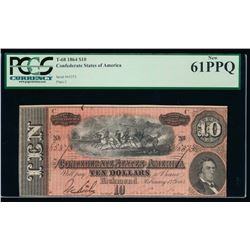 1864 $10 Confederate States of America Note PCGS 61PPQ