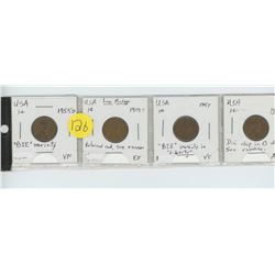 4 assorted USA pennies, 1957