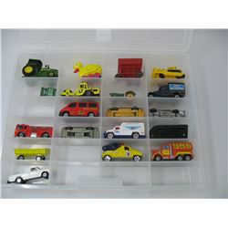 DISPLAY BOX with Matchbox,  Ertl and other Toy Cars - including 1979 Grand Torino - Starsky & Hutch