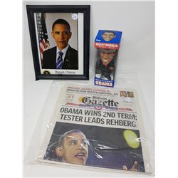 OBAMA WOBBLER, PHOTO, & NEWSPAPER