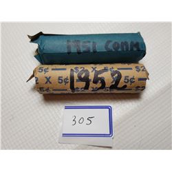 1951 COMM AND 1952 FULL ROLLS OF 5 CENT CANADA COINS