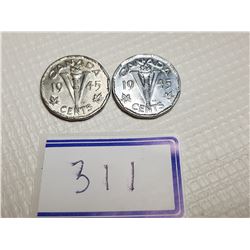 TWO 1945 MISSING CHROME 5 CENT COINS