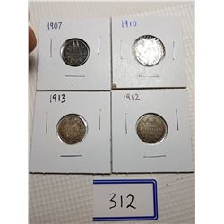 10 CENT CANADA COINS (1907, 1910, 1912, 1913)