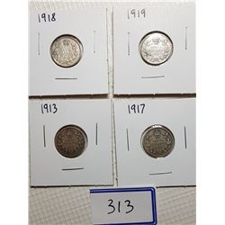 10 CENT CANADA COINS (1913, 1917, 1918, 1919)