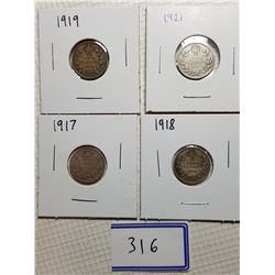 10 CENT CANADA COINS (1917, 1918, 1919, 1921)