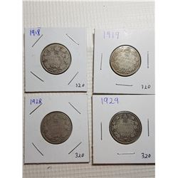 25 CENT CANADA COINS (1918, 1919, 1928, 1929)