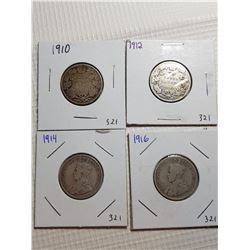 25 CENT CANADA COINS (1910, 1912, 1914, 1916)