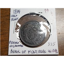 1844 HALF PENNY (PROVINCE OF CANADA, BANK OF MONTREAL ON RIBBON)