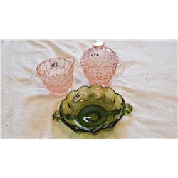 DEPRESSION GLASS CREAM & SUGAR, GREEN DISH
