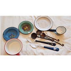 ENAMEL WARE AND 3 OLD CAST SERVING SPOONS