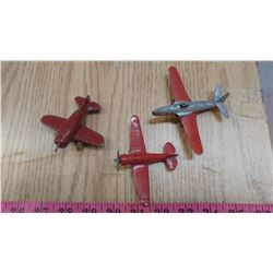 3 METAL TOY PLANES - TOOTSIE TOY, BARCLAY, UNKNOWN HEAVIER, OLD ORIGINAL LOCKING WHEELS