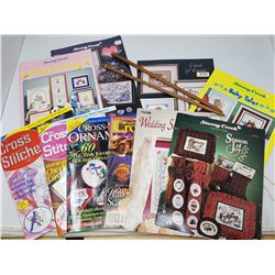 VINTAGE CROSS STITCH BOOKS & WOODEN KNITTING NEEDLES