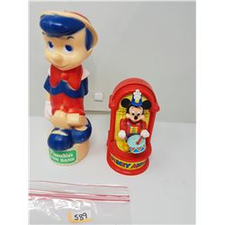 PINOCCHIO'S & MICKEY MOUSE COIN BANK (MICKEY HAS 1 STICK BROKEN)
