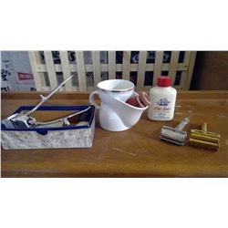 LOT OF SHAVING RAZORS, MUG, BRUSHES, ETC.