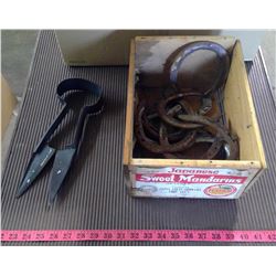 LOT OF 12 HORSE SHOES AND HAND SHEARER