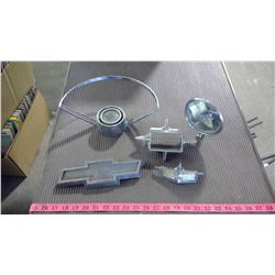 FIVE PIECES OF AUTO CHROME - MIRROR, EMBLEM, ETC.