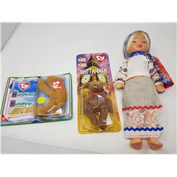 TWO TY BEANIE BABIES AND PLASTIC DOLL