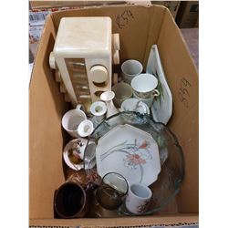LOT OF ASSORTED DISHES, SPICE RACK, ETC.