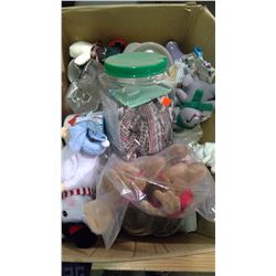 LOT OF ASSORTED GLASSWARE, STUFFED ANIMALS, ETC.