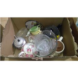LOT OF ASSORTED GLASSWARE, TEAPOTS, ETC.