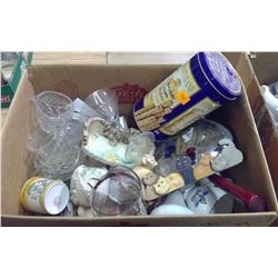 LOT OF ASSORTED COLLECTIBLES, GLASSES, CORINTHIANS TIN, ETC.