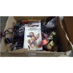 LOT OF ASSORTED FIGURINES, CROSS STITCH PATTERNS, HERSHEY'S TIN, ETC.