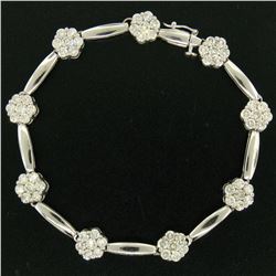 14K White Gold 7  4.65 ctw Round Diamond Flower Cluster Bar Link Tennis Bracelet