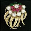 Image 2 : 14K Yellow Gold 2.36 ctw Cabochon Ruby Jade 5mm Pearl Textured Flower Brooch Pin