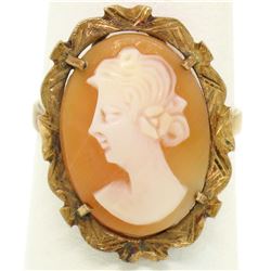 18k Yellow Gold Carved Shell Cameo Ring w/ Etched Textured Frame