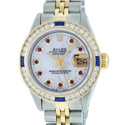 Rolex Ladies 2 Tone 14K MOP Ruby & Sapphire Channel Set Datejust Wristwatch