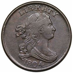 1804 Draped Bust Half Cent, Plain 4, No Stems, C-13, R1, AU50.