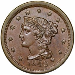 1849 Braided Hair Large Cent, N-2, R2, AU58.