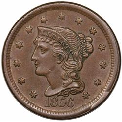 1856 Braided Hair Large Cent, Slanted 5, N-3, R1, LDS (g), AU58.