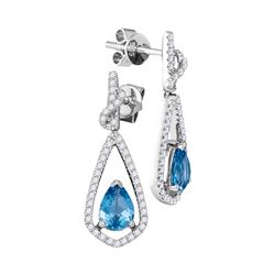 Pear Blue Topaz Solitaire Teardrop Diamond Frame Dangle Earrings 1/3 Cttw 14kt White Gold