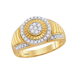 Mens Diamond Cluster Concentric Circle Ribbed Ring 3/4 Cttw 10kt Yellow Gold