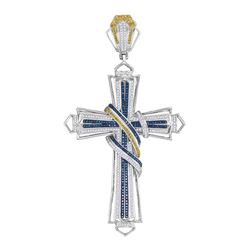Mens Round Blue & Yellow Color Enhanced Diamond Bound Flared Cross Charm Pendant 1-5/8 Cttw 10kt Whi