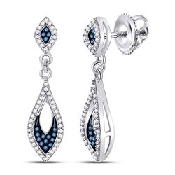 Round Blue Color Enhanced Diamond Dangle Earrings 1/3 Cttw 10kt White Gold