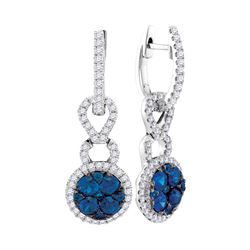 Round Blue Sapphire Cluster Diamond Frame Dangle Earrings 5/8 Cttw 14kt White Gold