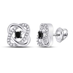 Round Black Color Enhanced Diamond Solitaire Oval Frame Earrings 1/4 Cttw 10kt White Gold