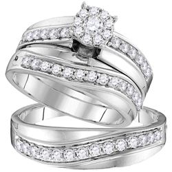 His & Hers Diamond Cluster Matching Bridal Wedding Ring Band Set 1.00 Cttw 14kt White Gold
