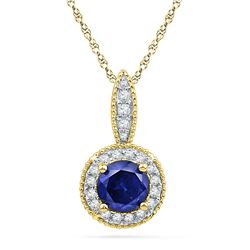 Round Lab-Created Blue Sapphire Solitaire Diamond Frame Pendant 1/6 Cttw 10kt Yellow Gold