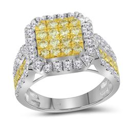 Round Canary Yellow Diamond Square Cluster Ring 1-3/4 Cttw 14kt White Gold