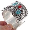 Image 2 : Navajo Turquoise Coral Sterling Silver Eagle Cuff
