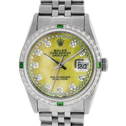 Rolex Mens Stainless Steel Yellow MOP & Emerald Datejust Wristwatch