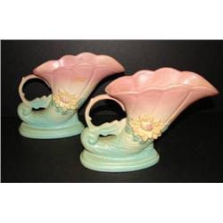 PAIR OF HULL POTTERY WATER LILY CORNUCOPIA VASES