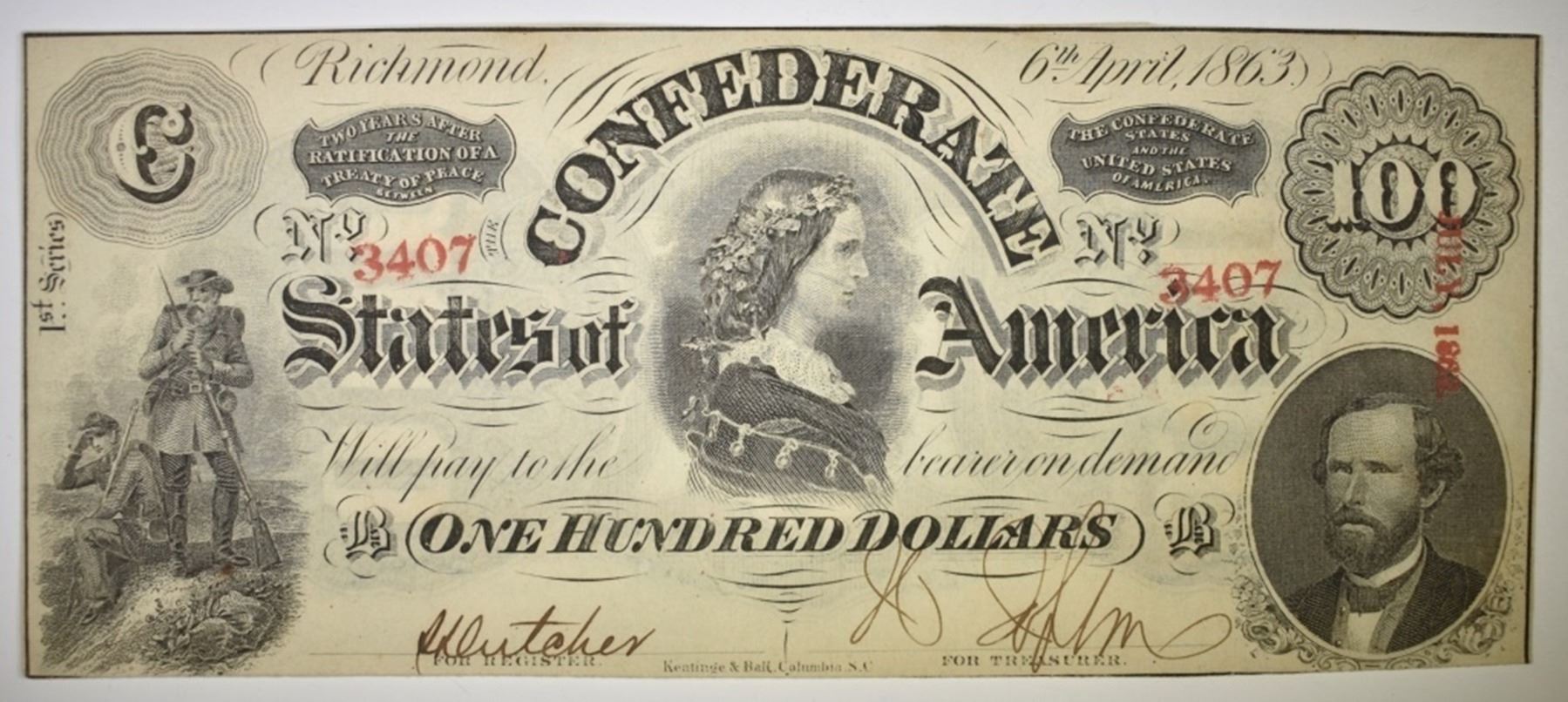 1863 $100 CONFEDERATE STATES NOTE CU