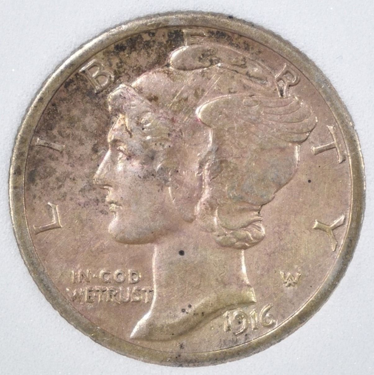 1916-D MERCURY DIME, EMGC AU/BU