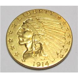 1914 $ 2.5 Gold Indian Quarter Eagle AU PLUS