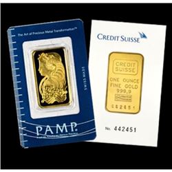 1 oz. Pamp or Credit Suisse Gold Ingot Pure